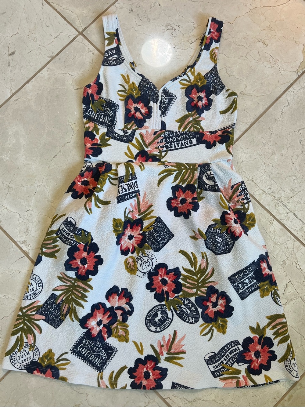 Maison Jules Vintage Postage Stamp Floral Travel Fit & Flare Mini Dress Small